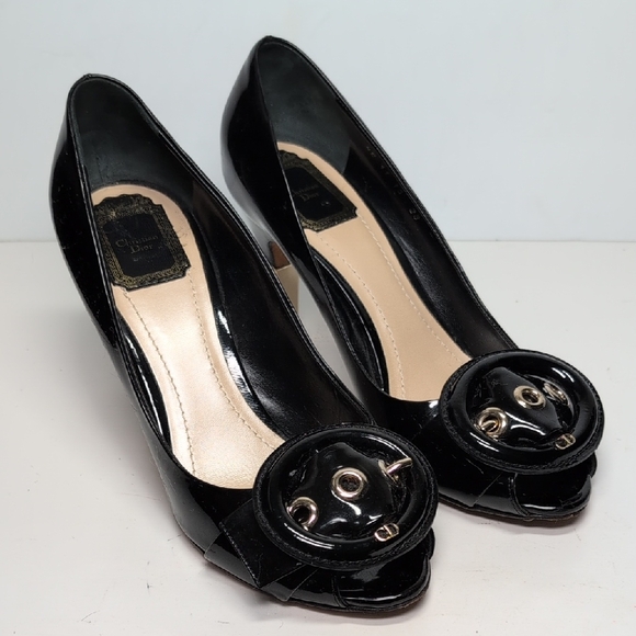 Christian Dior peep toe Buckle patent leather pump women's size 7.5 EU 38 - Picture 1 of 16
